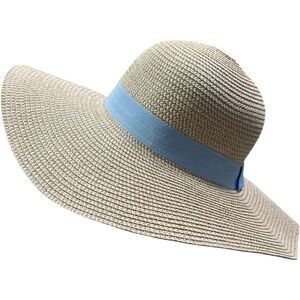 Cream Wide Brim with Blue Ribbon Straw Sun Hat